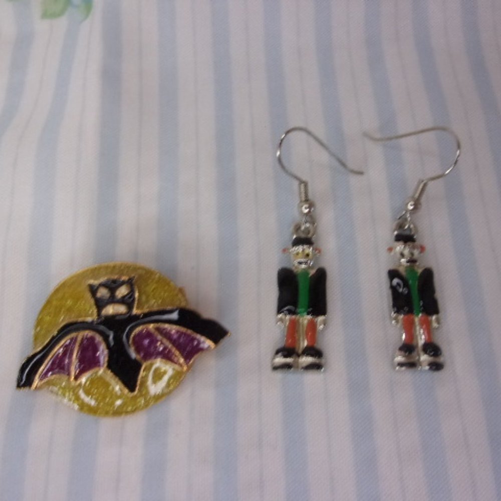 Enameled Halloween Bat Pin Frankenstein Earrings